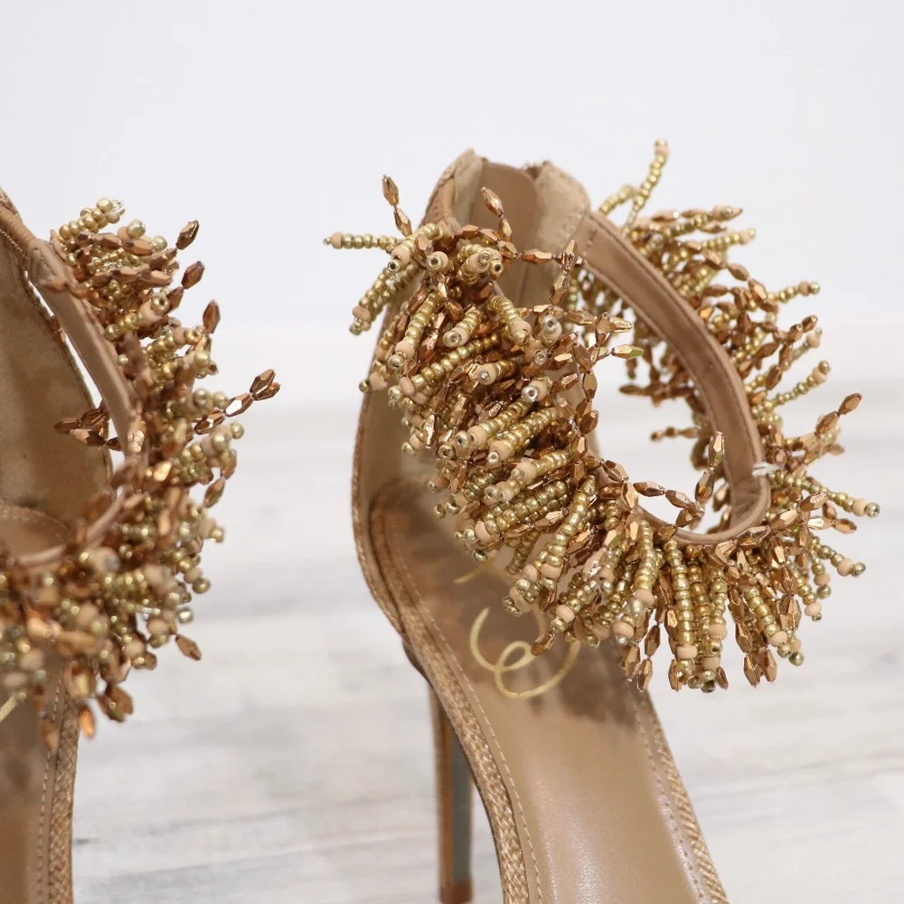 Sam Edelman Beaded Gillie Stiletto Sandal in Tan Raffia NEW in Box